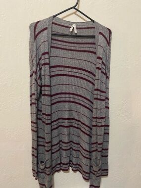 Mudd Gray and Burgundy Striped Open-Front Cardigan